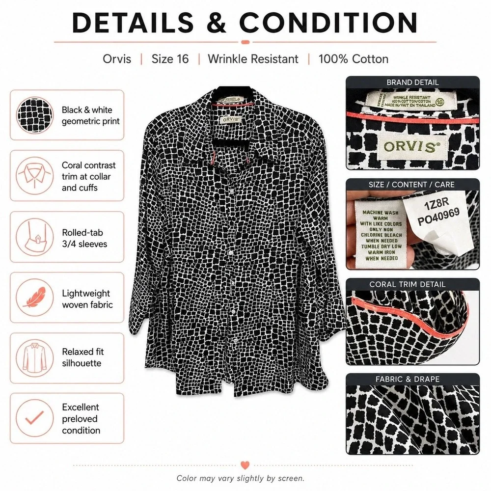 Orvis Shirt Women 16 Black White Geometric Wrinkle Free Cotton Button Down